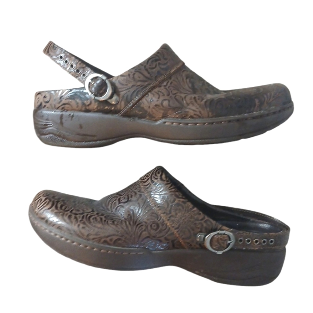 Dansko Brown Tooled Leather Clogs Slip On Shoes or Sling Back size 10-10.5